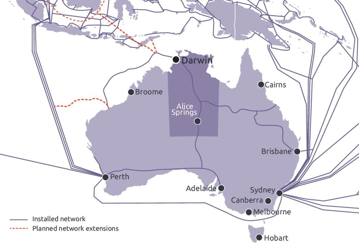 Map of Australia with all the data connections in and out of the country