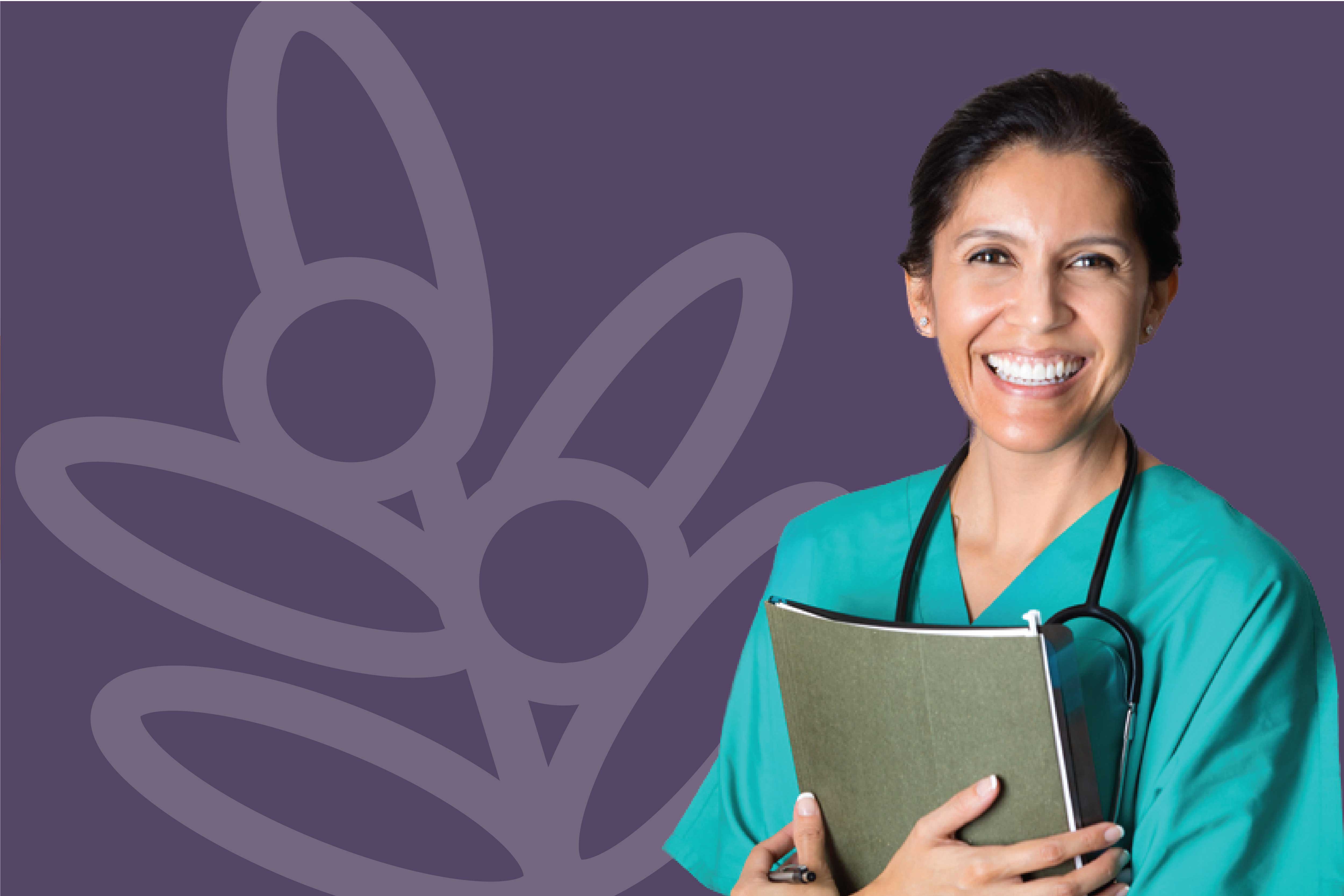 Nurse with paperwork standing in front of a purple wall with the acacia logo